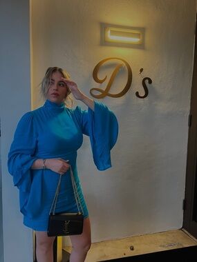 Vibrant Turquoise High-Neck Flutter Sleeve Mini Dress
